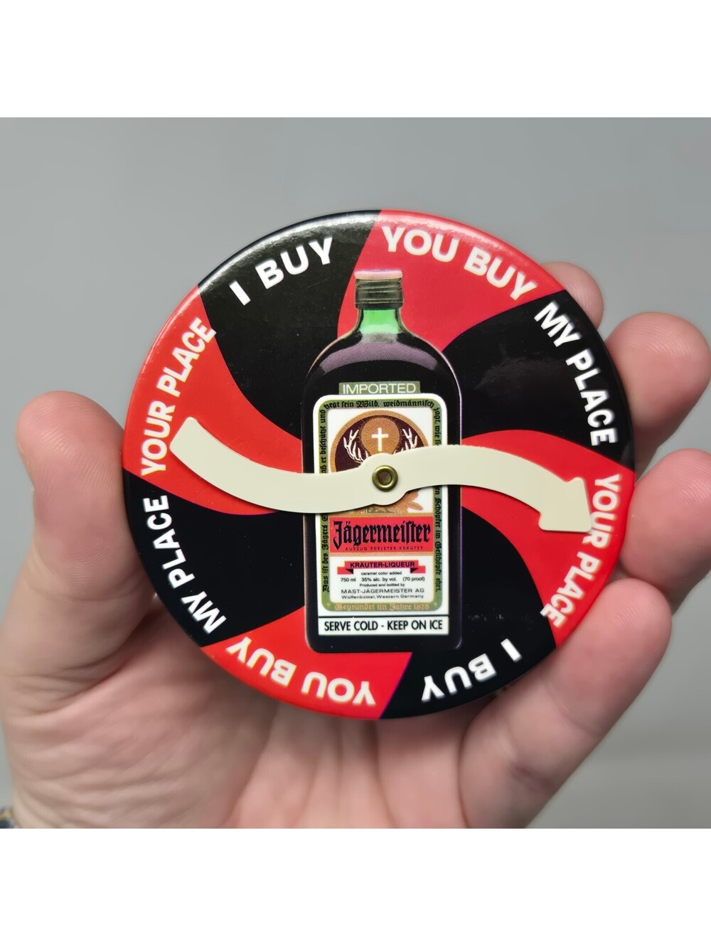 vintage Jägermeister "I Buy You Buy" spinner button pin Rare E6